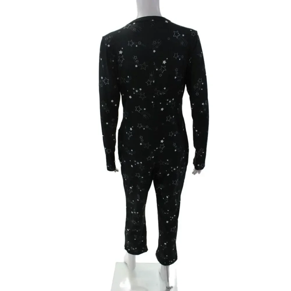 Mason Grey Womens Star Print Long Sleeve Sleepwear One Piece Black Size S